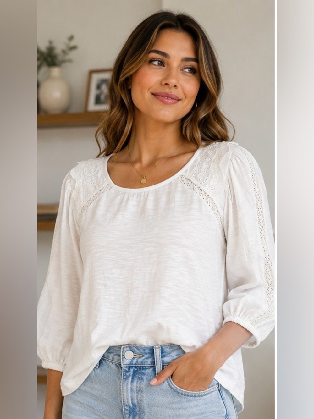 FatFace Penny White Lace Top US 6 Cotton Modal Boho Balloon 3/4 Length Sleeve